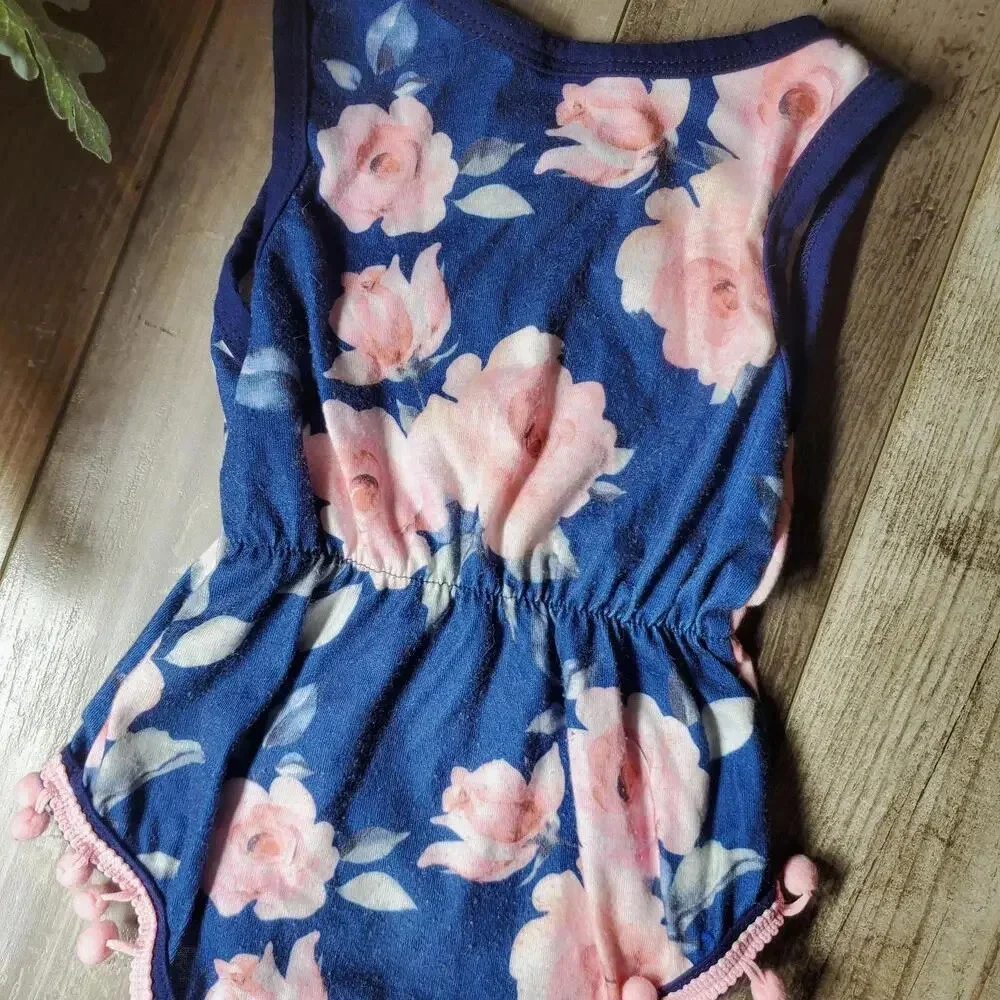 Baby Girl Blue and Pink Floral Pom Pom Trim Romper Size 3-6M